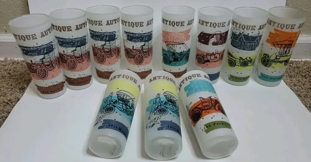LOT OF 11 Autos cars Frosted Glasses Tumblers Vintage Highball MCM 60s Packard